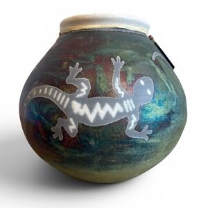 Jeremy Diller Southwest Dream Raku Pottery Lizard Vase Iridescent Hand Thrown 8"